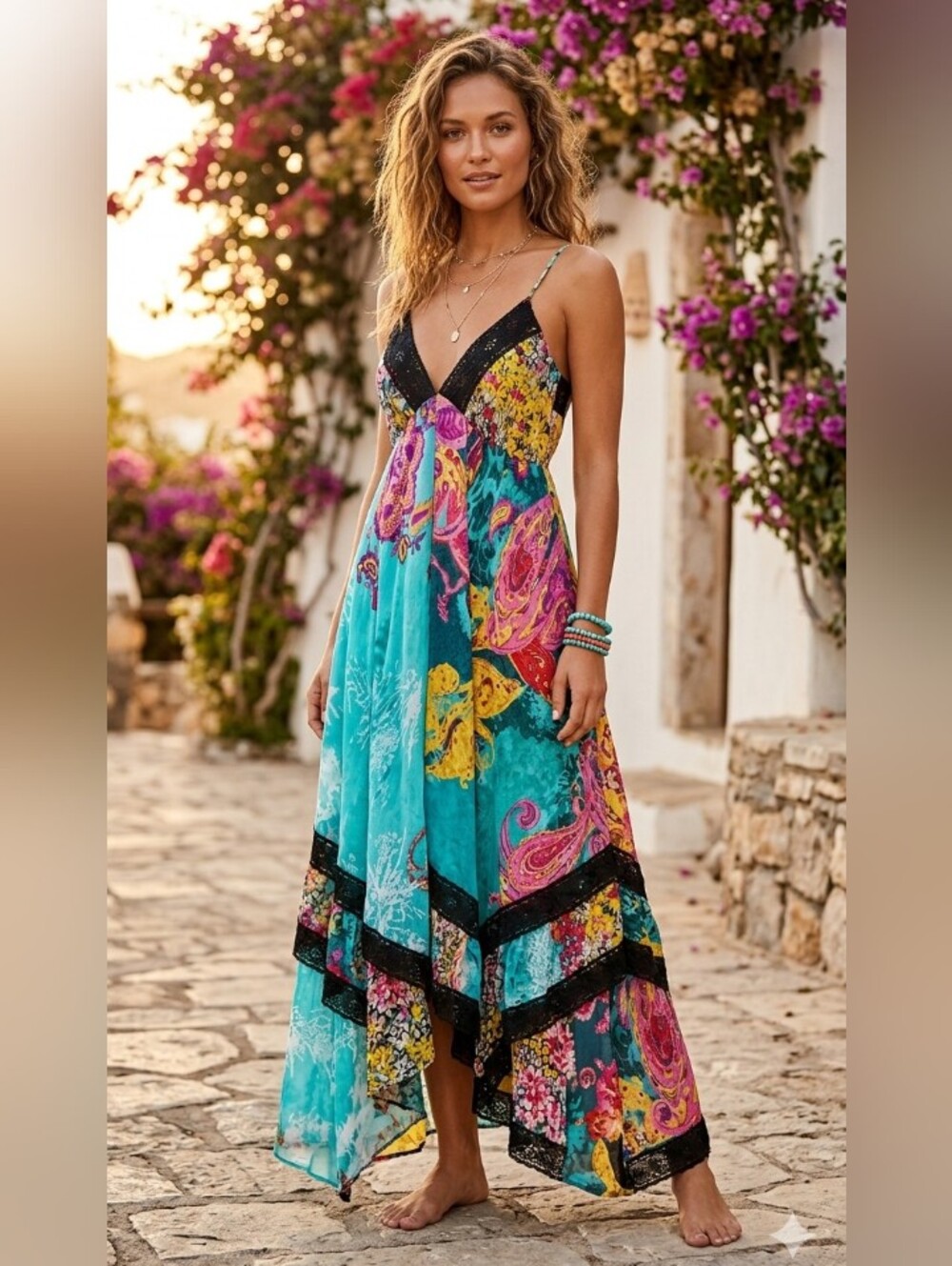 NWT Boubou Boho Floral Paisley Teal Multicolor Maxi Dress Black Lace Trim Small